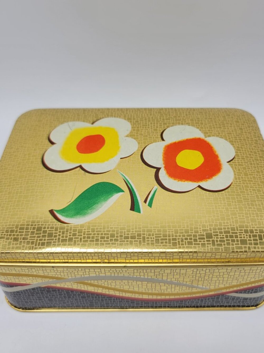 Vintage Tin Box Mod Yellow Orange Flower Germany Lid Container
